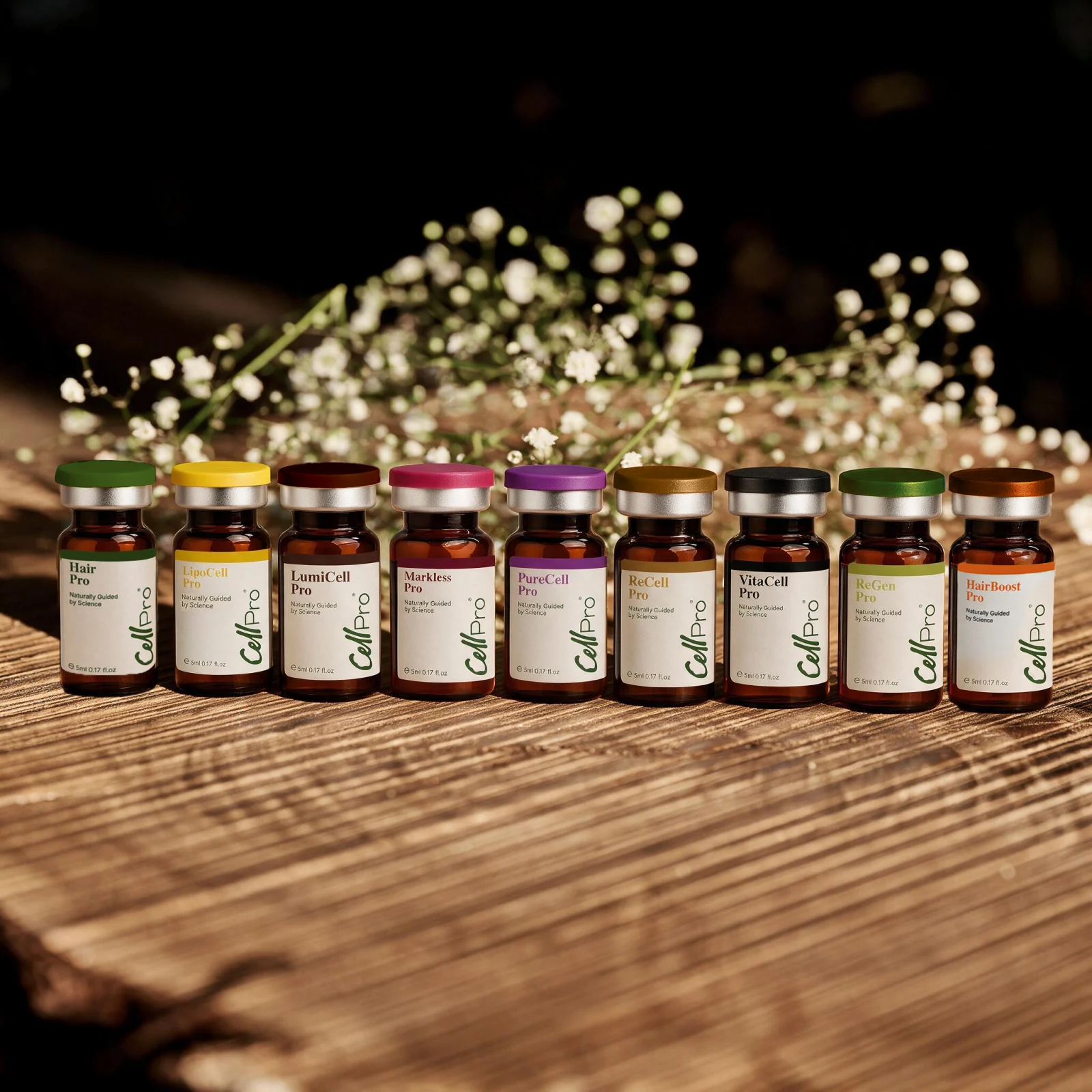 Nine CellPro product vials displayed in a row