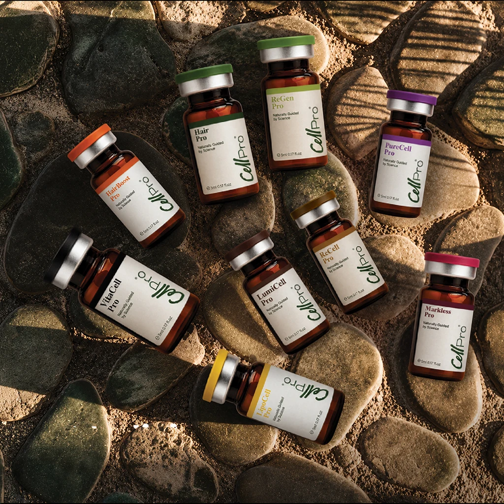 CellPro product vials arranged on dark stones